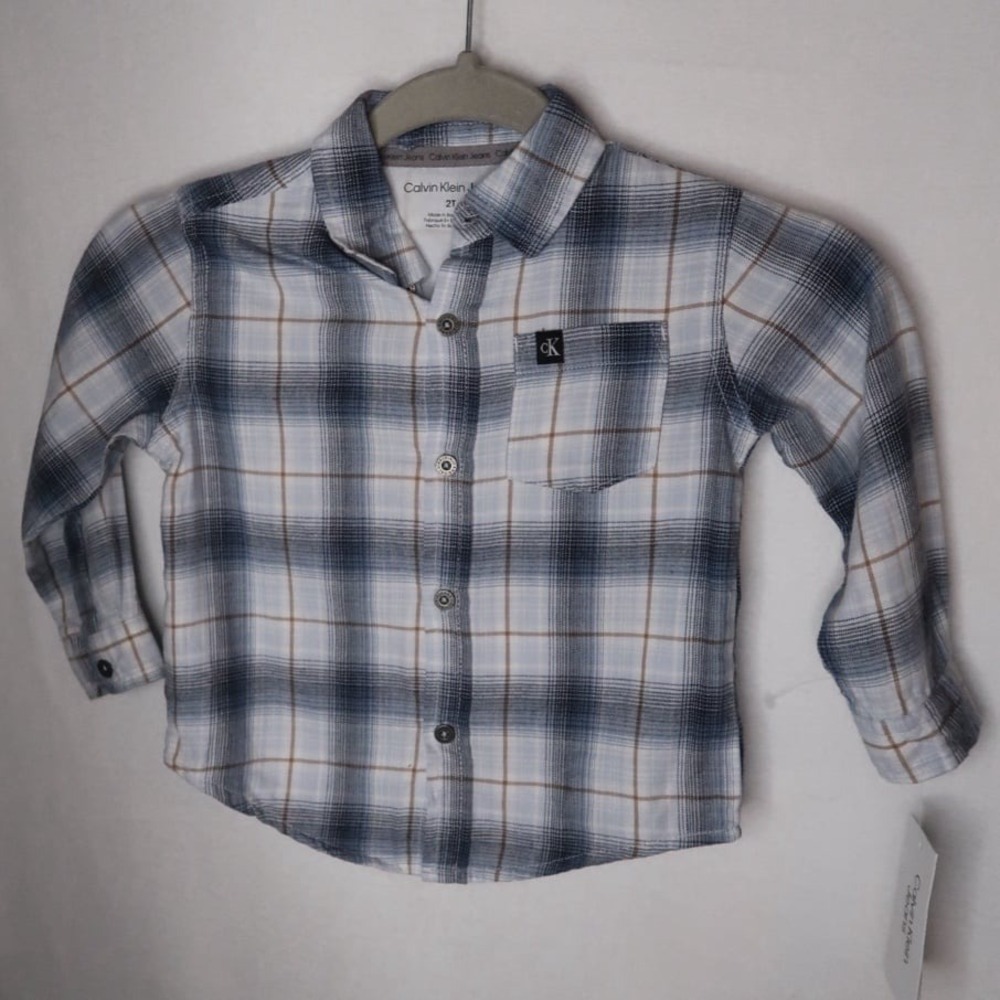 Calvin Klein Jeans Blue Plaid Button Down Shirt Toddler 2T Long Sleeve CK NWT